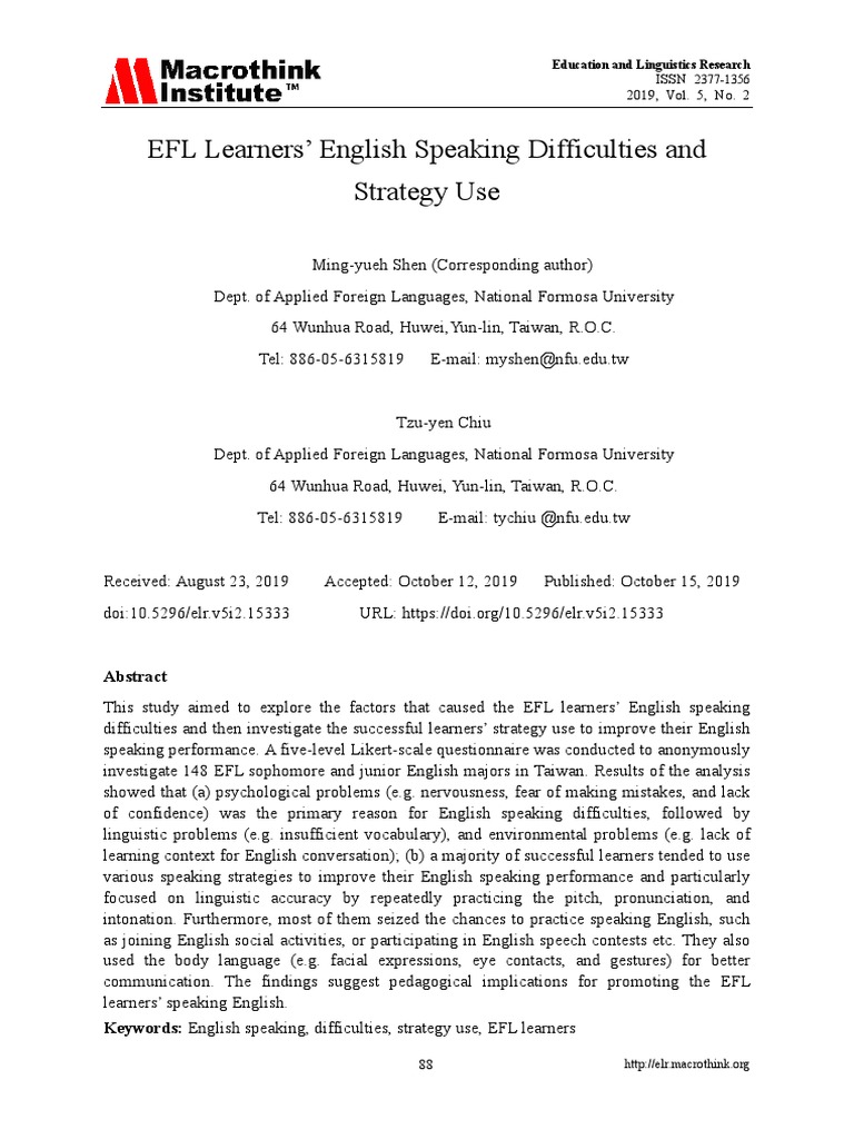 EFL Learners English Speaking Difficulties and ST | PDF