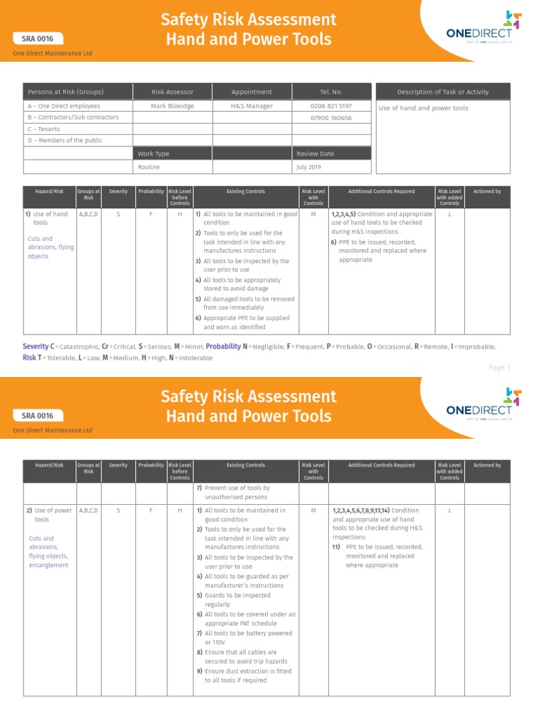 Power Tools Safety Risk Assessment | PDF | Personal Protective ...