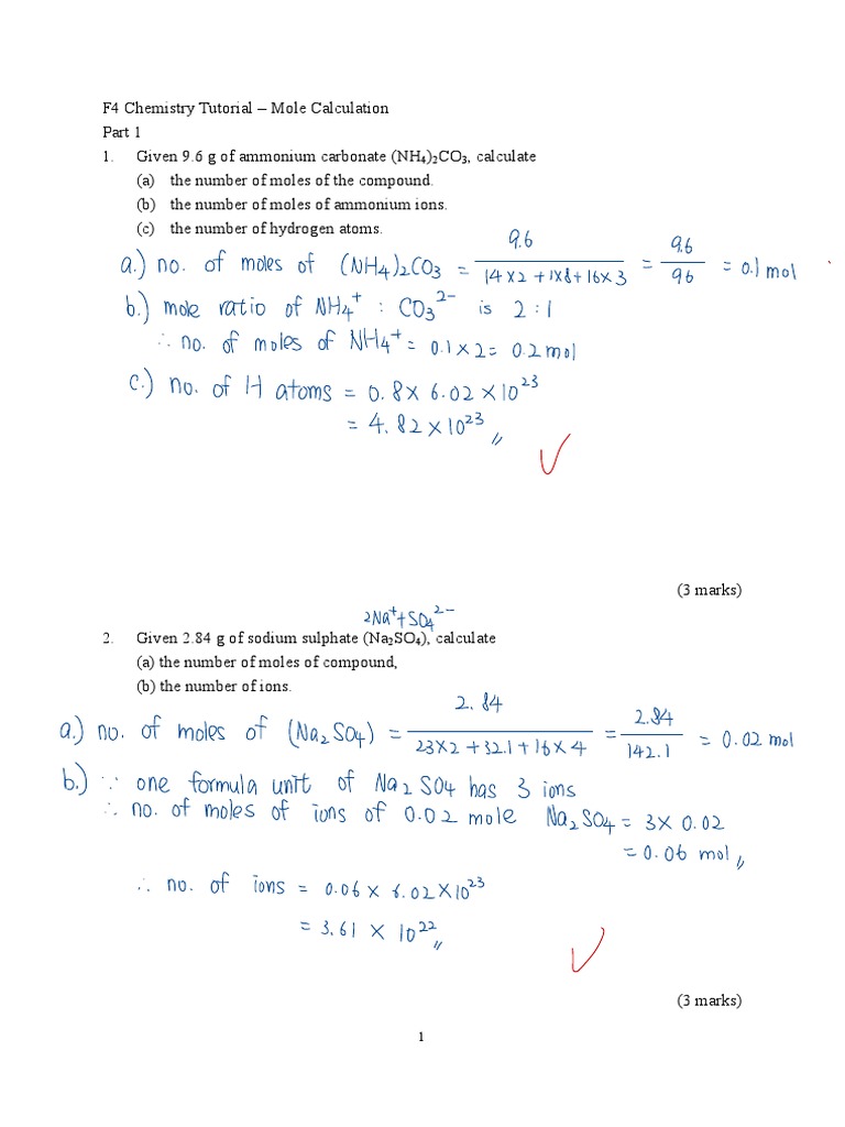 Molar Mass and Mole Calculations | PDF | Ammonium | Oxide