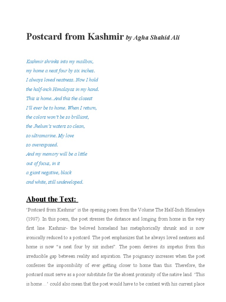 Postcard From Kashmir by Agha Shahid Ali PDF Poetry