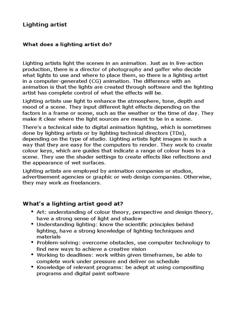 Resposiblity of Employees Lighting Artist PDF Computer Graphics