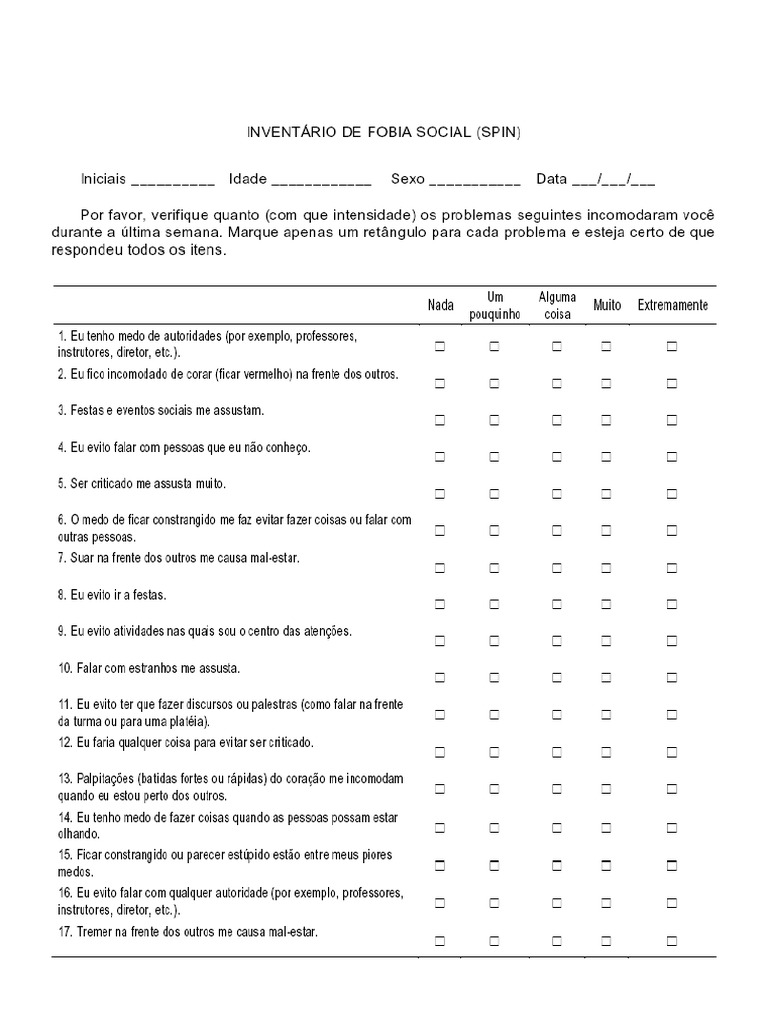 Inventário de Fobia Social SPIN | PDF