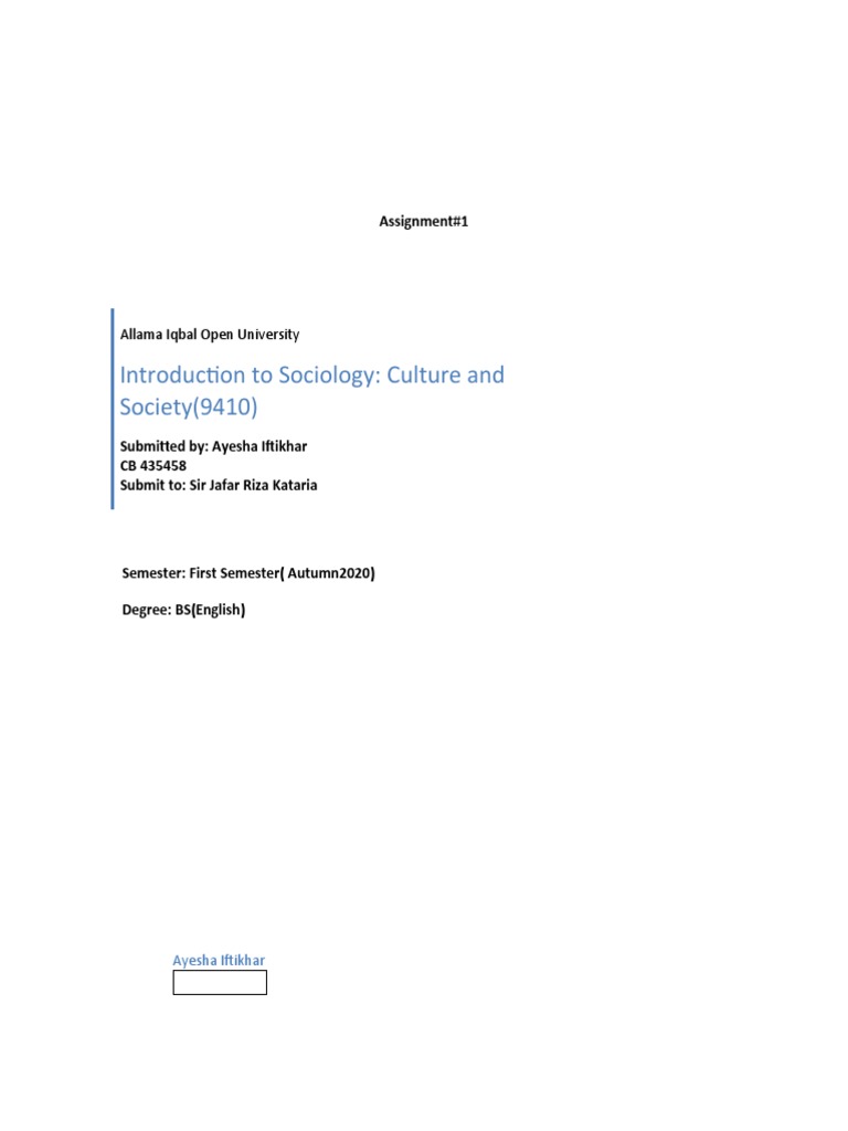 Introduction To Sociology: Culture and Society (9410) : Assignment#1 ...
