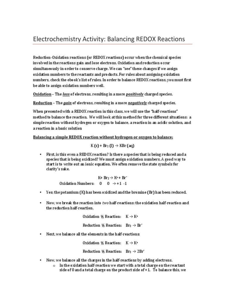 Electrochemistry Activity: Balancing REDOX Reactions | PDF | Redox ...