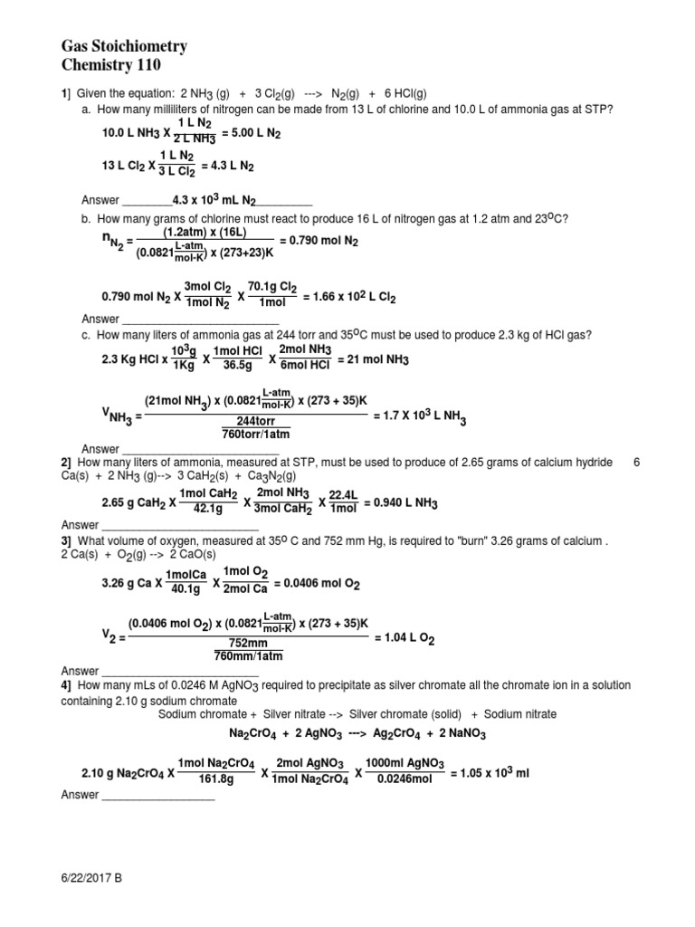 Gas Law Stoichiometry Worksheet Answer Key