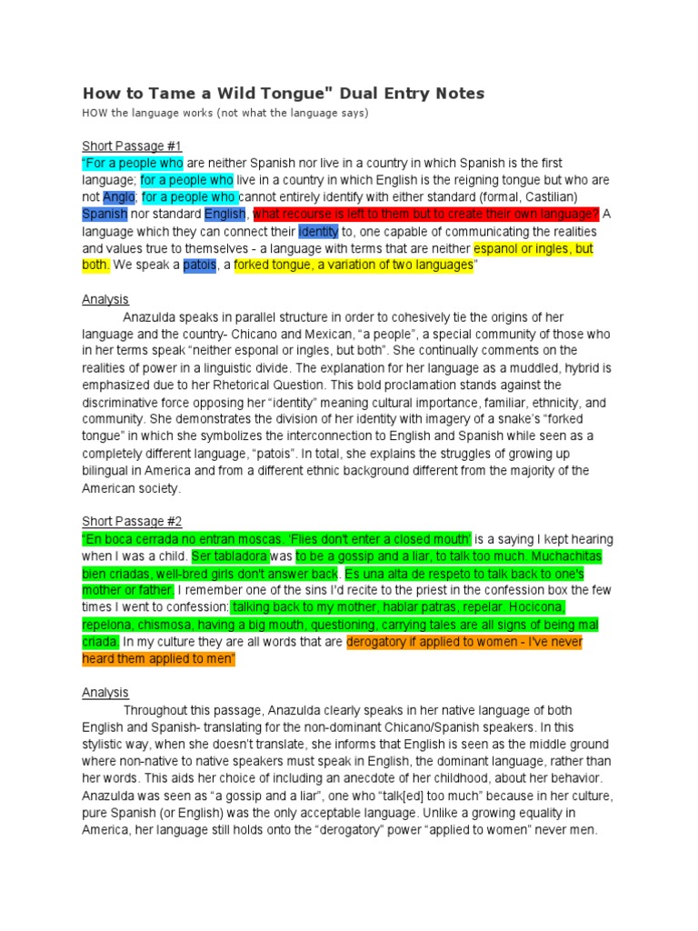 How to tame a wild tongue dual entry notes pdf first language