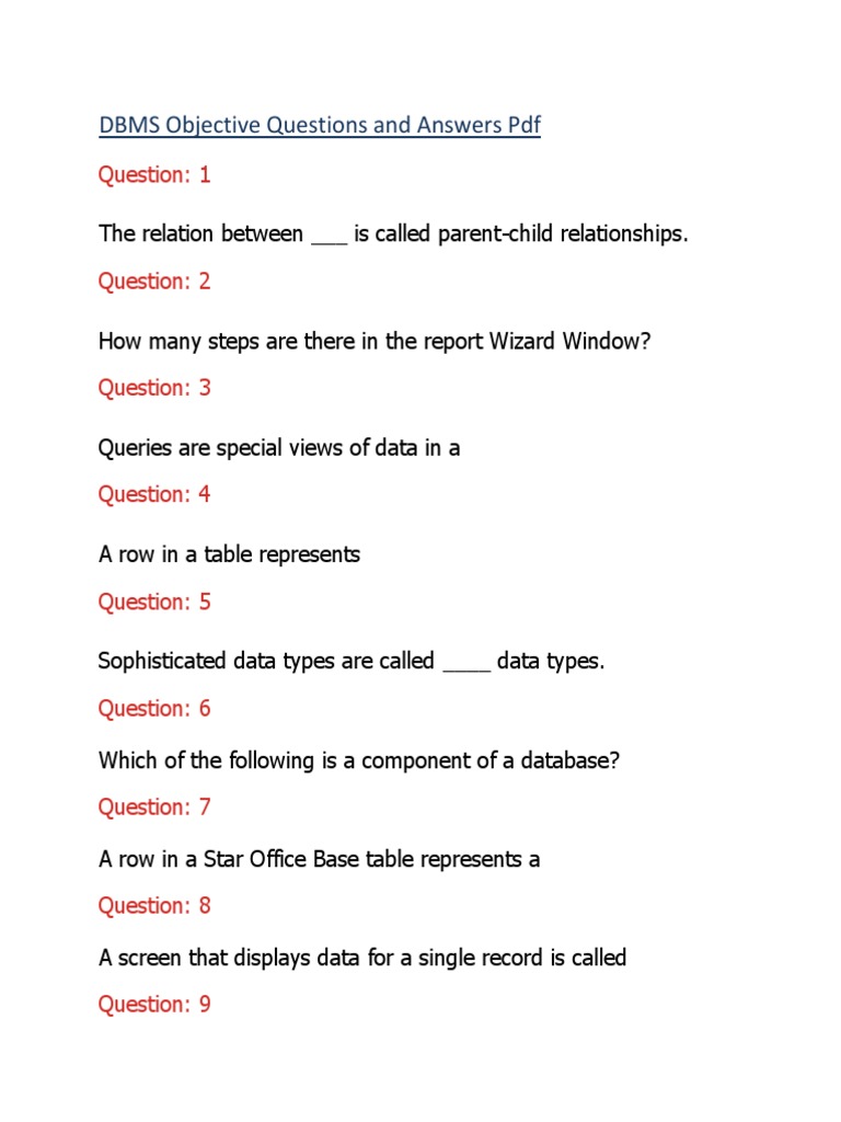 DBMS Objective Questions and Answers PDF | PDF