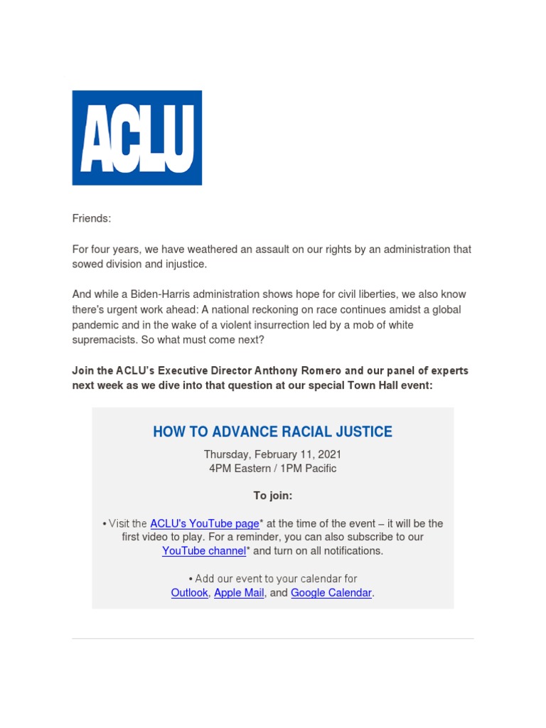 LRL - ACLU What's Next After 4 Years of Division Injustice (Join Us ...
