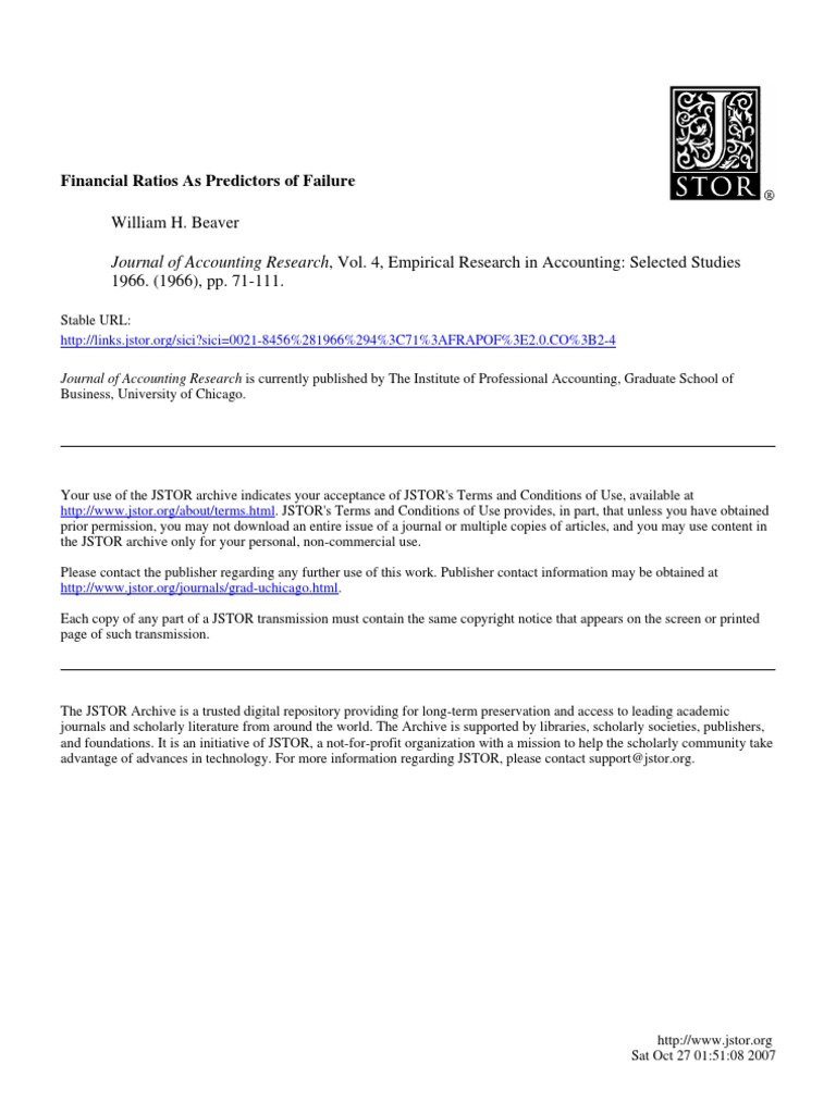 Beaver. Financial Ratios As Predictors of Failure | PDF | Working ...