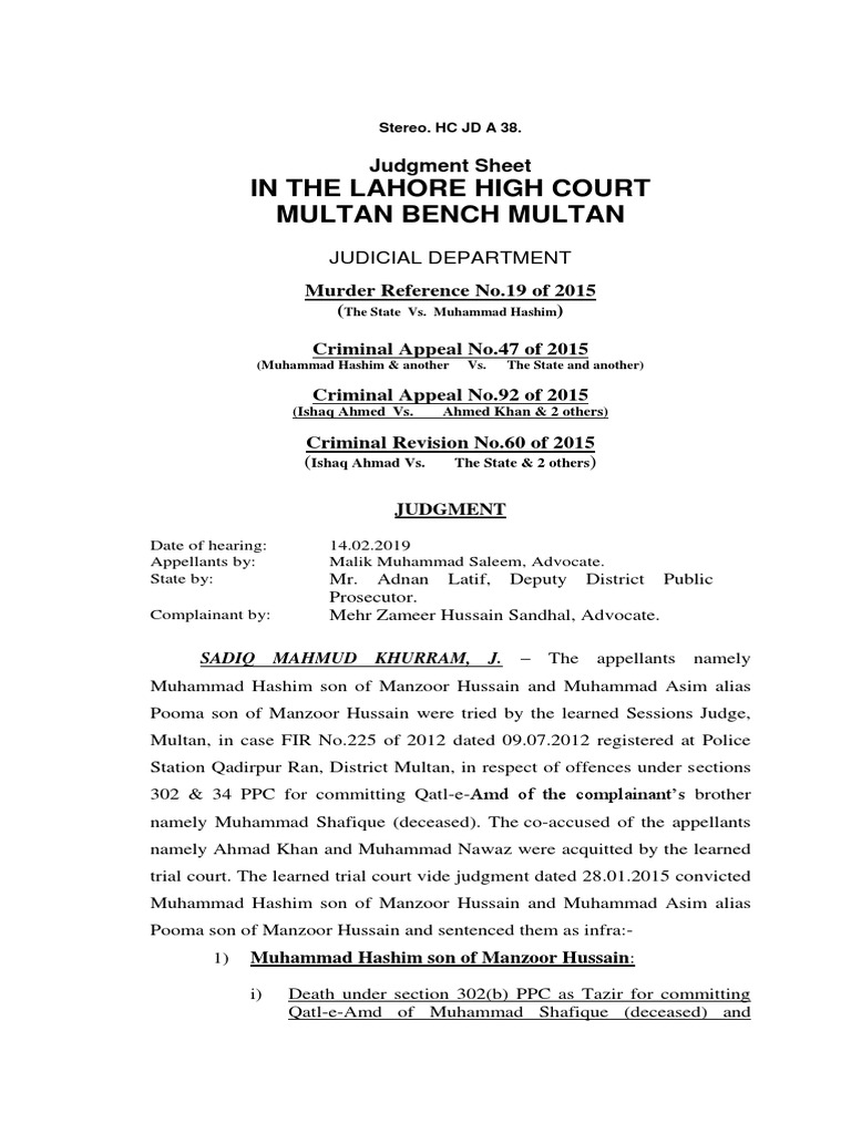 Lahore High Court Murder Judgment 2019 | PDF | Prosecutor | Acquittal