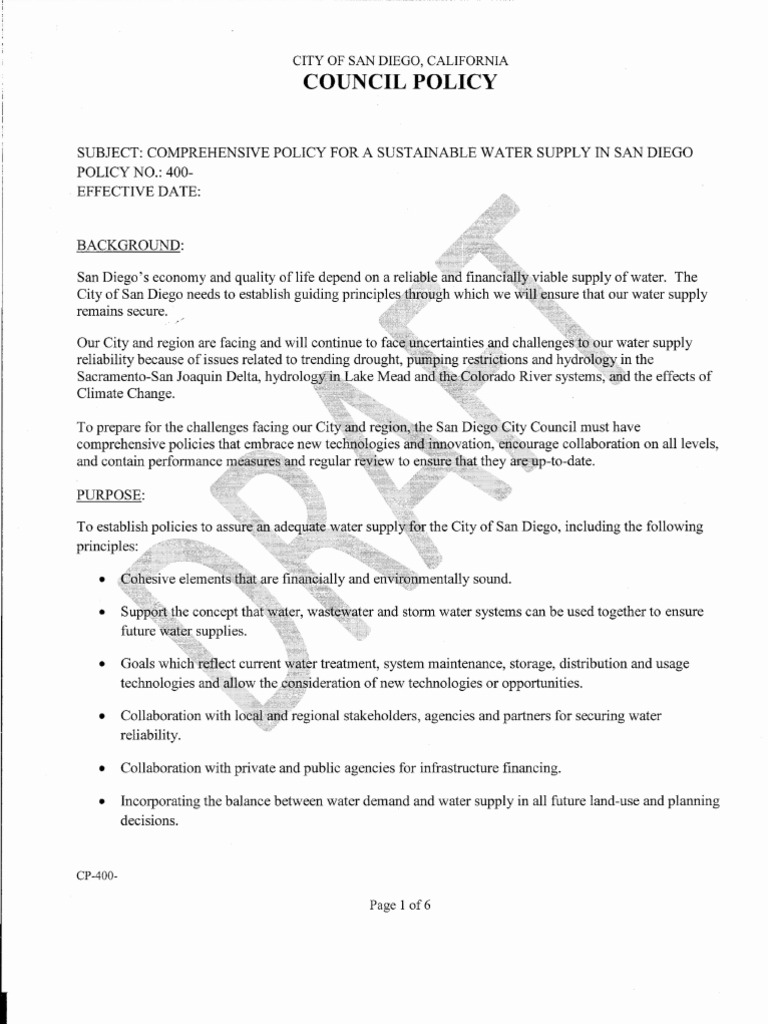 Council Policy 0001 | PDF | Drinking Water | Water Conservation