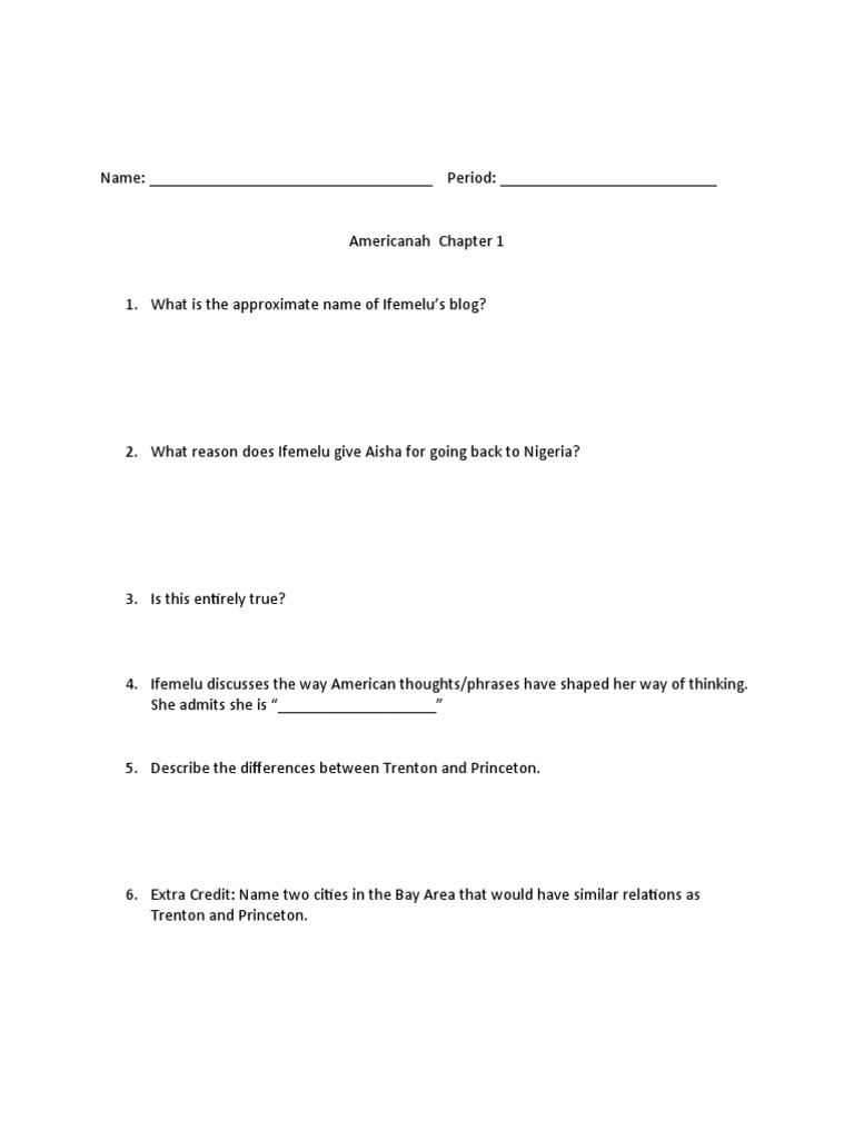 Americanah Chapter 1 Quiz PDF