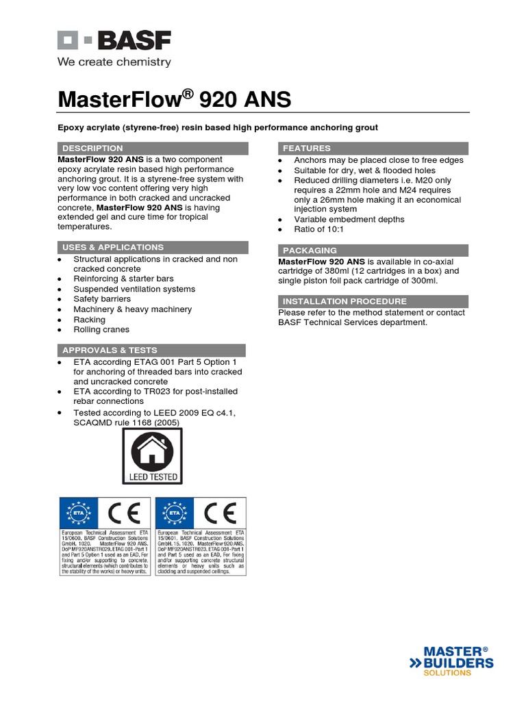 Masterflow 920 Ans: Epoxy Acrylate (Styrene-Free) Resin Based High ...