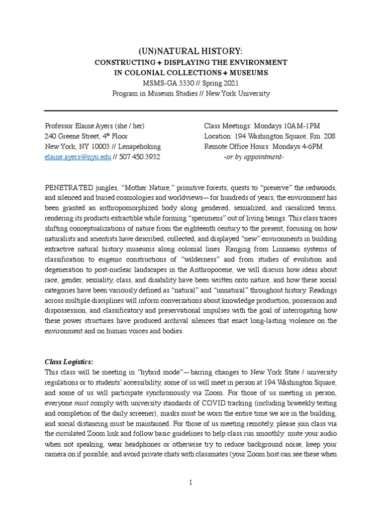 Un Natural History Syllabus 2021 PDF Libraries Books