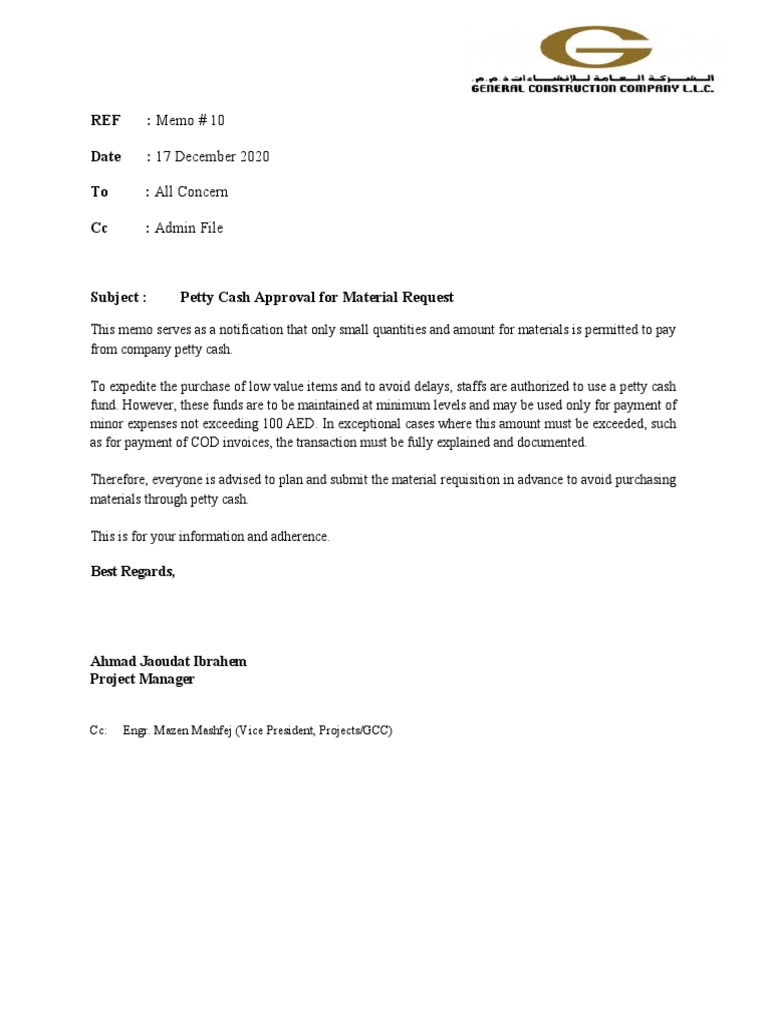 Memo - 10 - Petty Cash Approval For Material Request | PDF