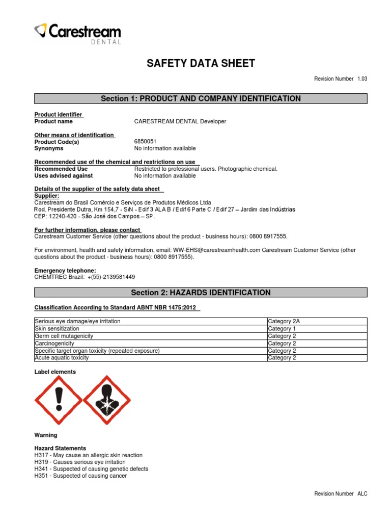 MSDS Carestream Dental Developer MTR Alc en | PDF | Toxicity | Personal ...