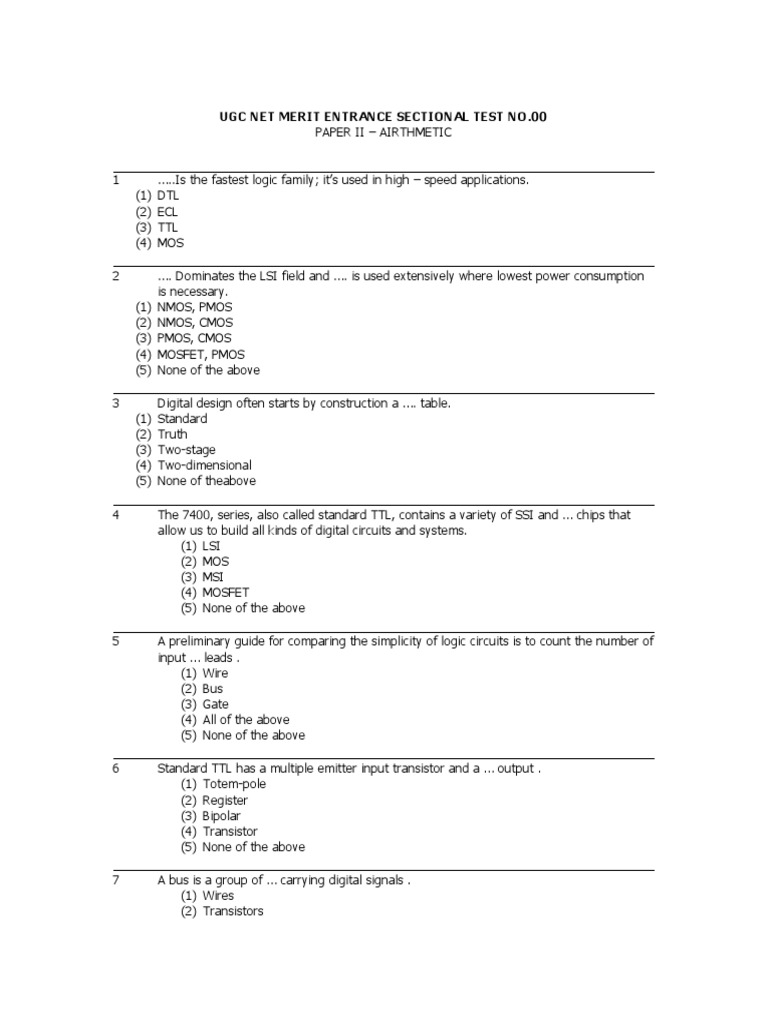 UGC NET Paper II Arithmetic Test | PDF | Electronic Engineering | Mosfet
