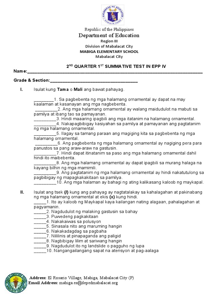 2ND Quarter 1ST Summative Test in Epp Iv | PDF