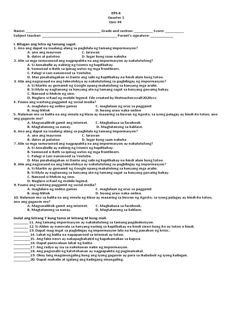 Esp 6 q2 qz4 | PDF