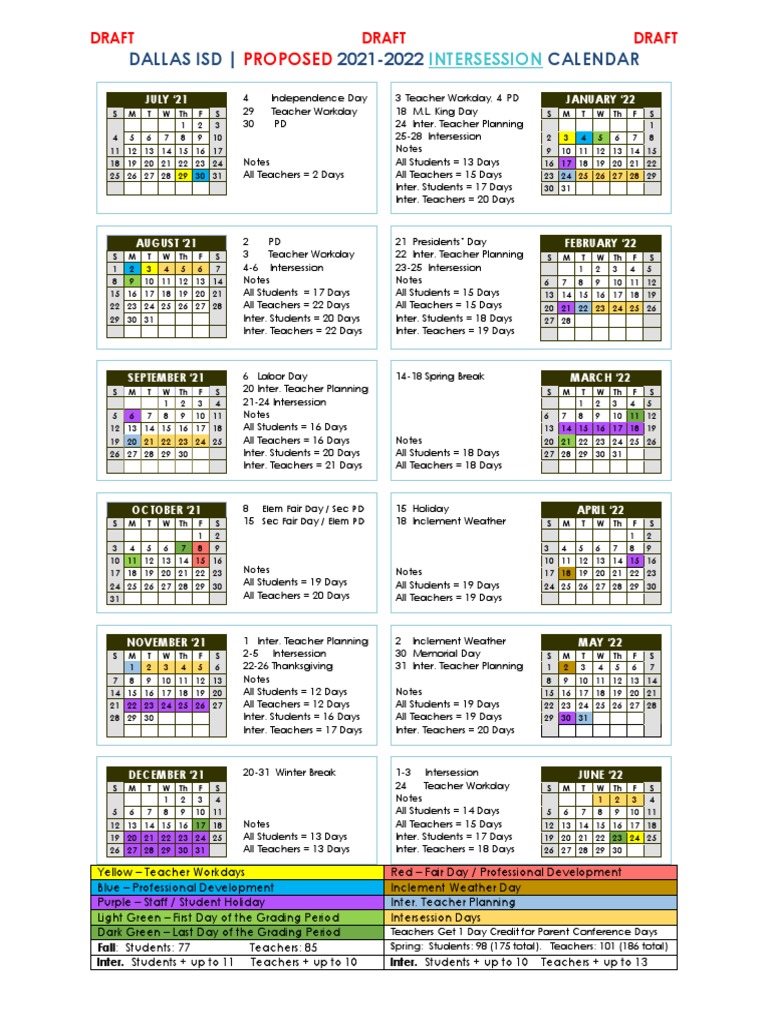 Dallas ISD Proposed Intersession Calendars 202122 & 202223 PDF