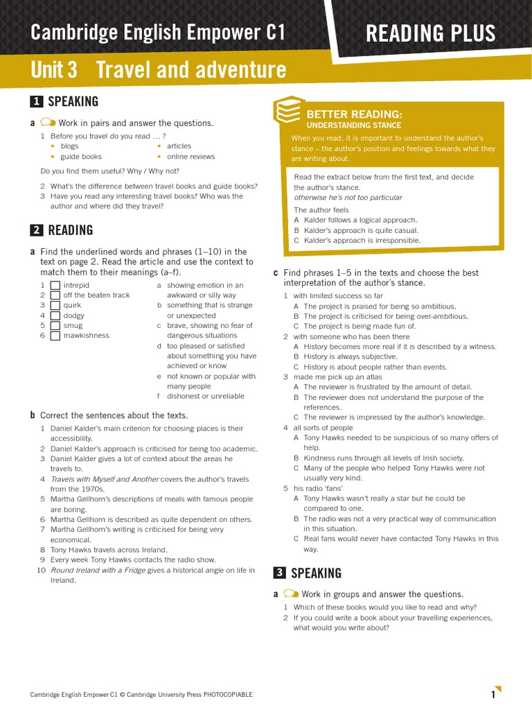 Cambridge English Empower Empower C1 Reading Plus U03 Worksheet | PDF