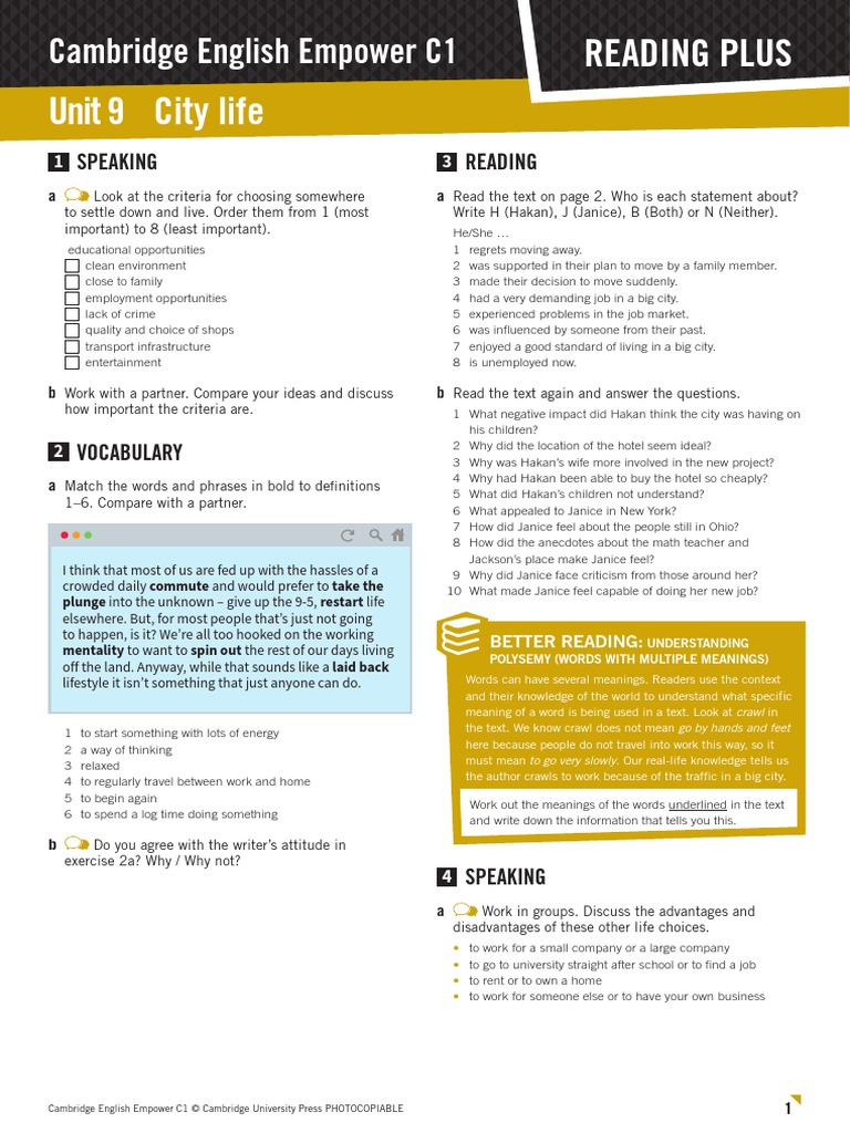 Cambridge English Empower Empower C1 Reading Plus U09 Worksheet | PDF