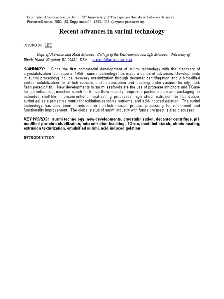 Recent Advances in Surimi Technology Uricmluriacc Uri.edu PDF