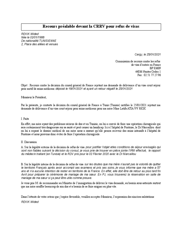 Recours CRRV Pour Refus De Visa M dical PDF Visa Document Tunisie