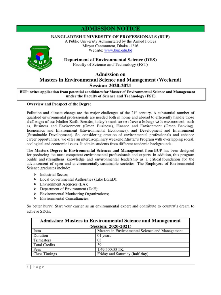 Advertisement For Masters in Environmental Sciences and Management ...