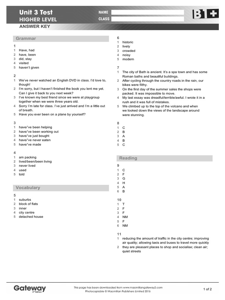 B1+ UNIT 3 Test Answer Key Higher | PDF