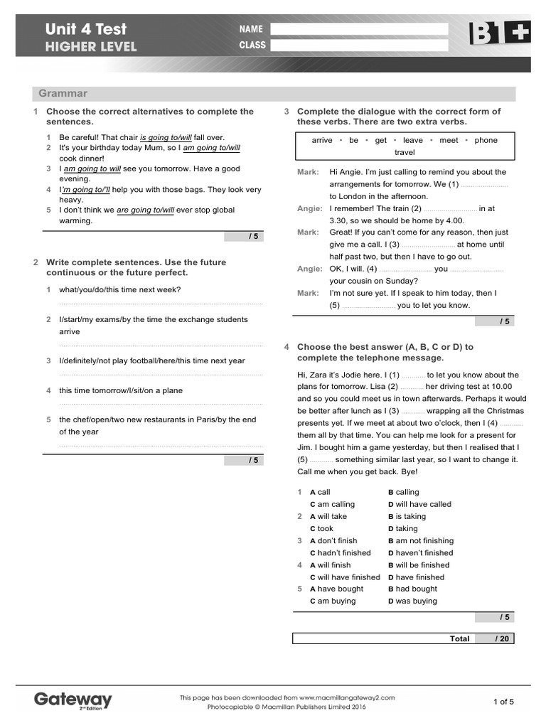B1+ UNIT 4 Test Higher | PDF