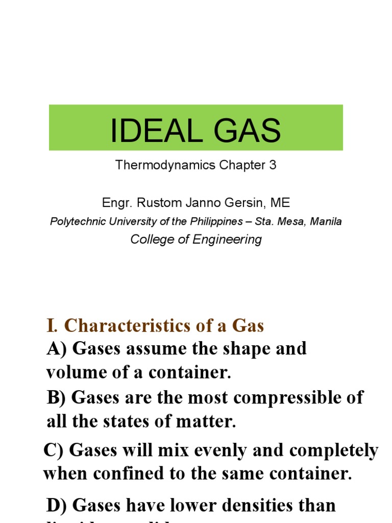 Ideal Gas: Thermodynamics Chapter 3 Engr. Rustom Janno Gersin, ME, PDF, Gases