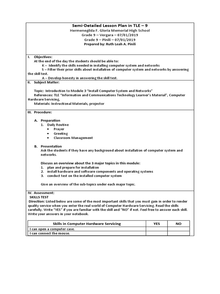 SemiDetailed Lesson Plan in TLE 9 PDF Computer Hardware Lesson