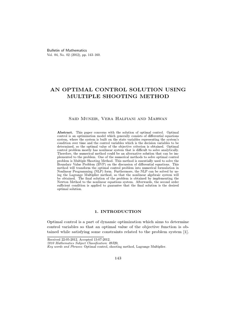 An Optimal Control Solution Using Multiple Shooting Method: Bulletin of ...