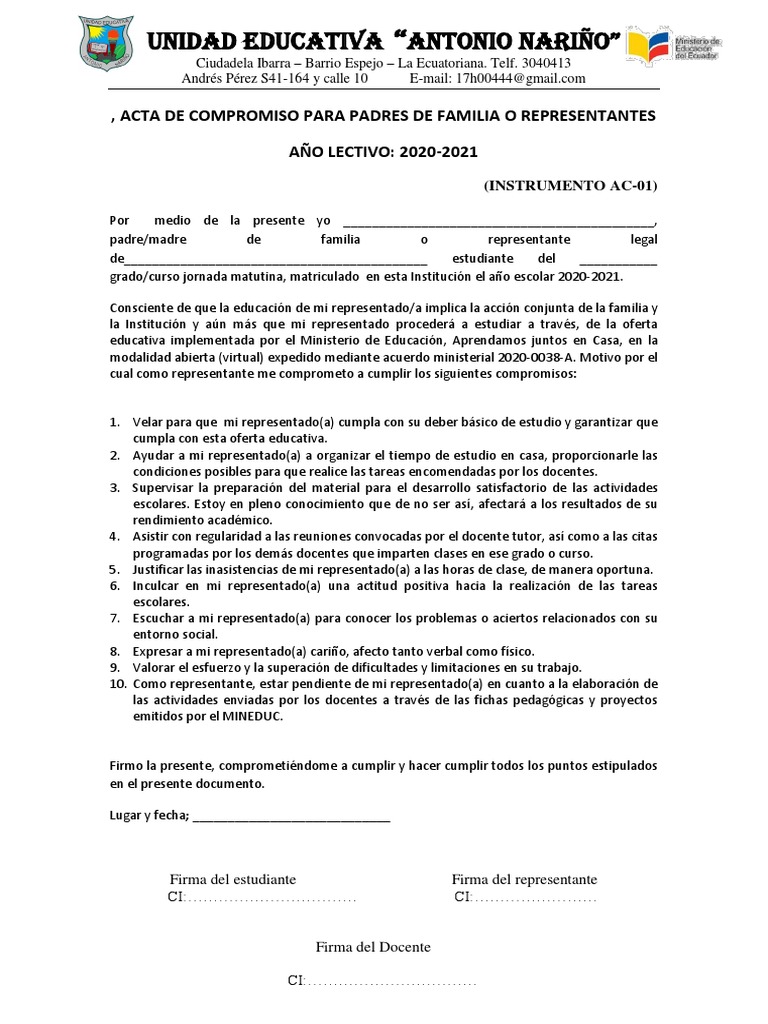 Acta de Compromiso para Padres de Familia | PDF | La naturaleza humana ...