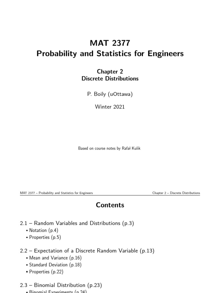Mat2377 Ch2 Discrete Random Variables | PDF | Probability Distribution ...