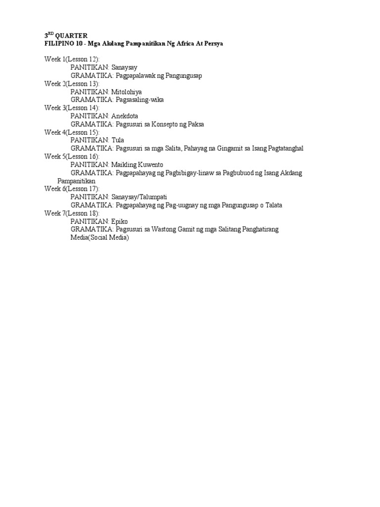 Filipino 10 3rd Quarter Scope and Sequence | PDF