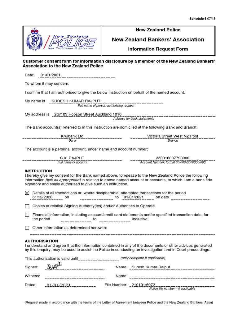 Police Information Request Form NZ | PDF | Banks | Government