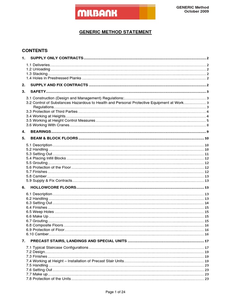 Milbank Generic Method Statement | PDF | Stairs | Concrete