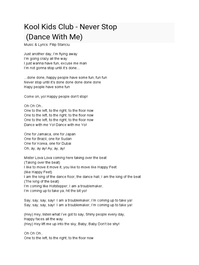 Kool Kids Club Never Stop Lyrics Pdf Popular Music