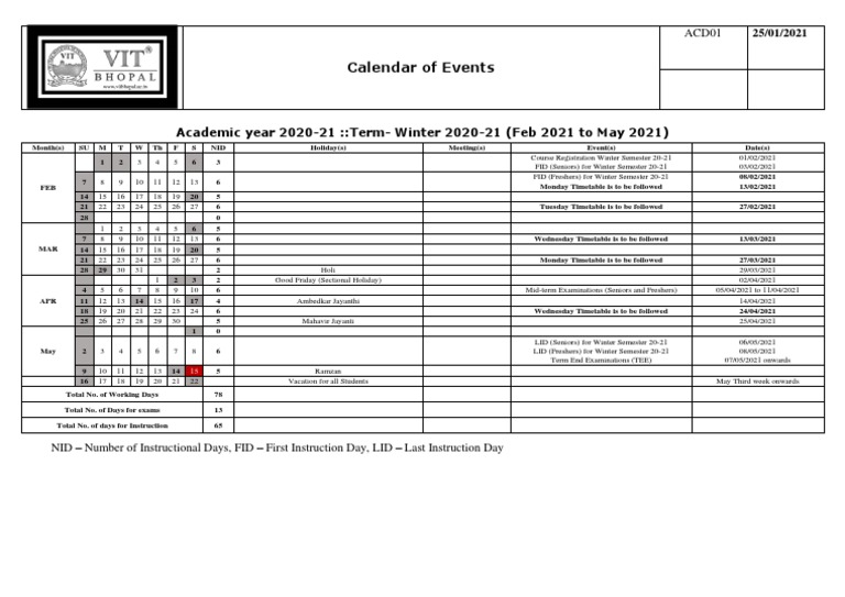 Academic Calendar Winter VIT 202021 PDF Academic Term Schools