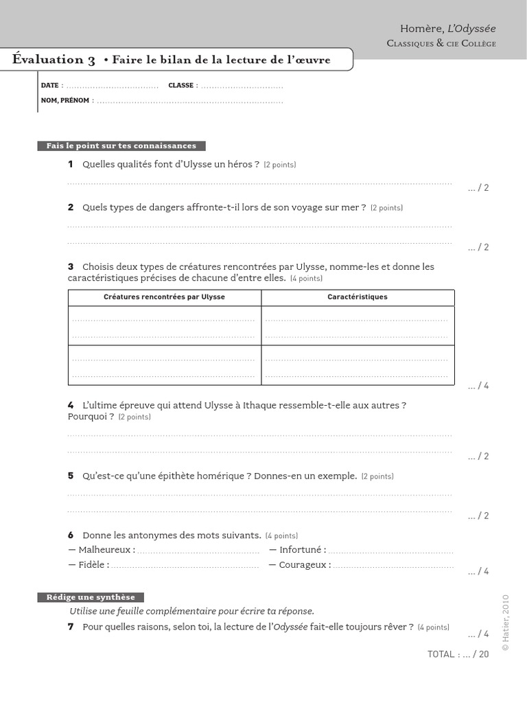Controle De Lecture L Odyssée 6ème Corrigé L'odyssee Fiche D'evaluation 3pdf | PDF | Ulysse | Odyssée