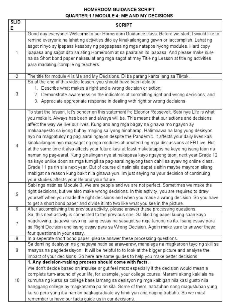 Homeroom Guidance Script Module 4... | PDF | Career & Growth | Self ...