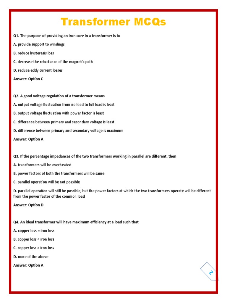 Transformer MCQs PDF Transformer Electric Motor