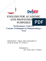English For Academic and Professional Purposes: Performance Task #:2 Various Techniques in Summarizing A Text