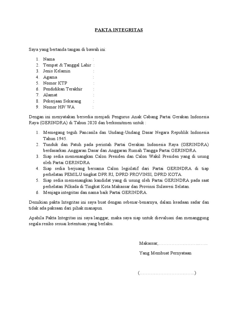 Contoh Pakta Integritas PPG 2022 | PDF | Hukum