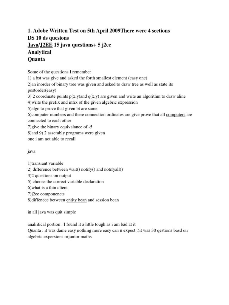 Adobe Interview Test Questions Overview | PDF