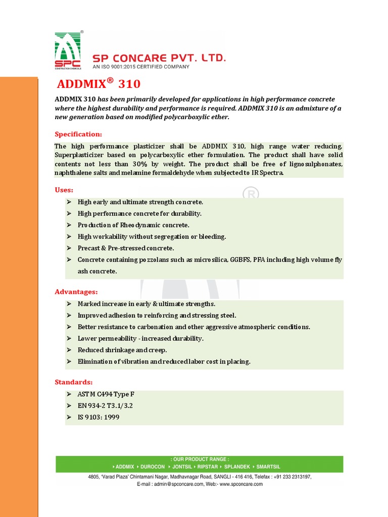 Addmix 310: Specification | PDF | Concrete | Structural Engineering