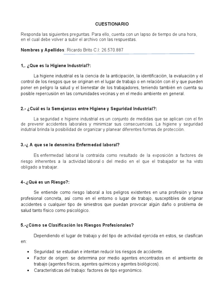 Cuestionario de Seguridad e Higiene Industrial | PDF | Síndrome de ...