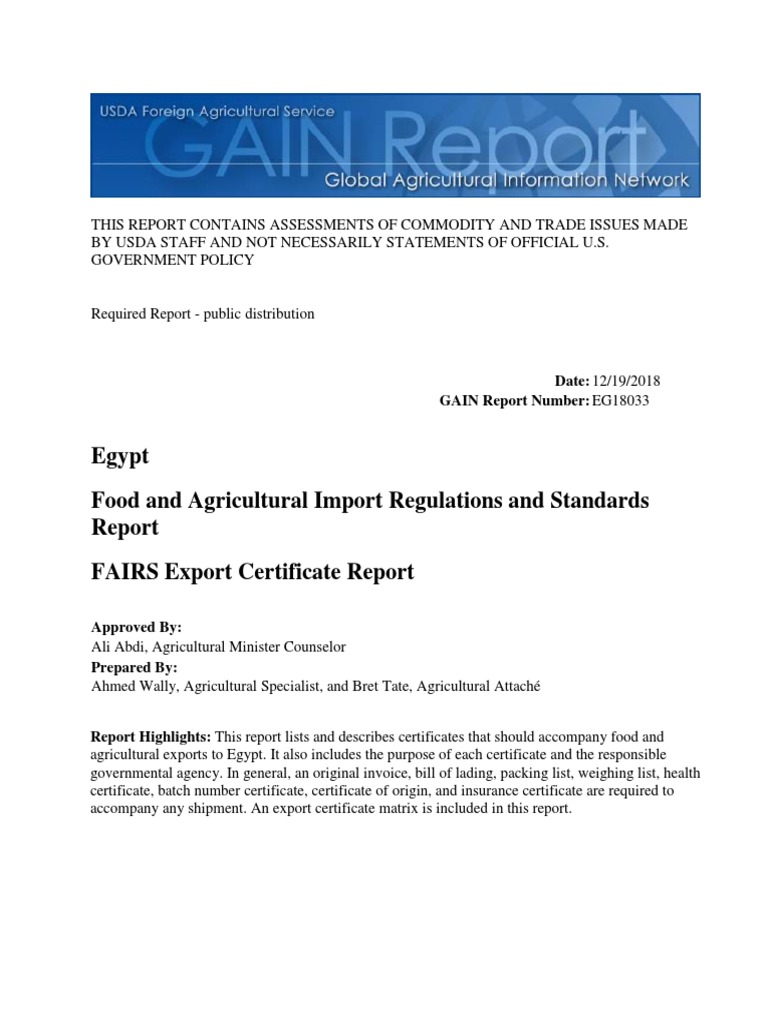 Egypt Food and Agricultural Import Regulations and Standards FAIRS